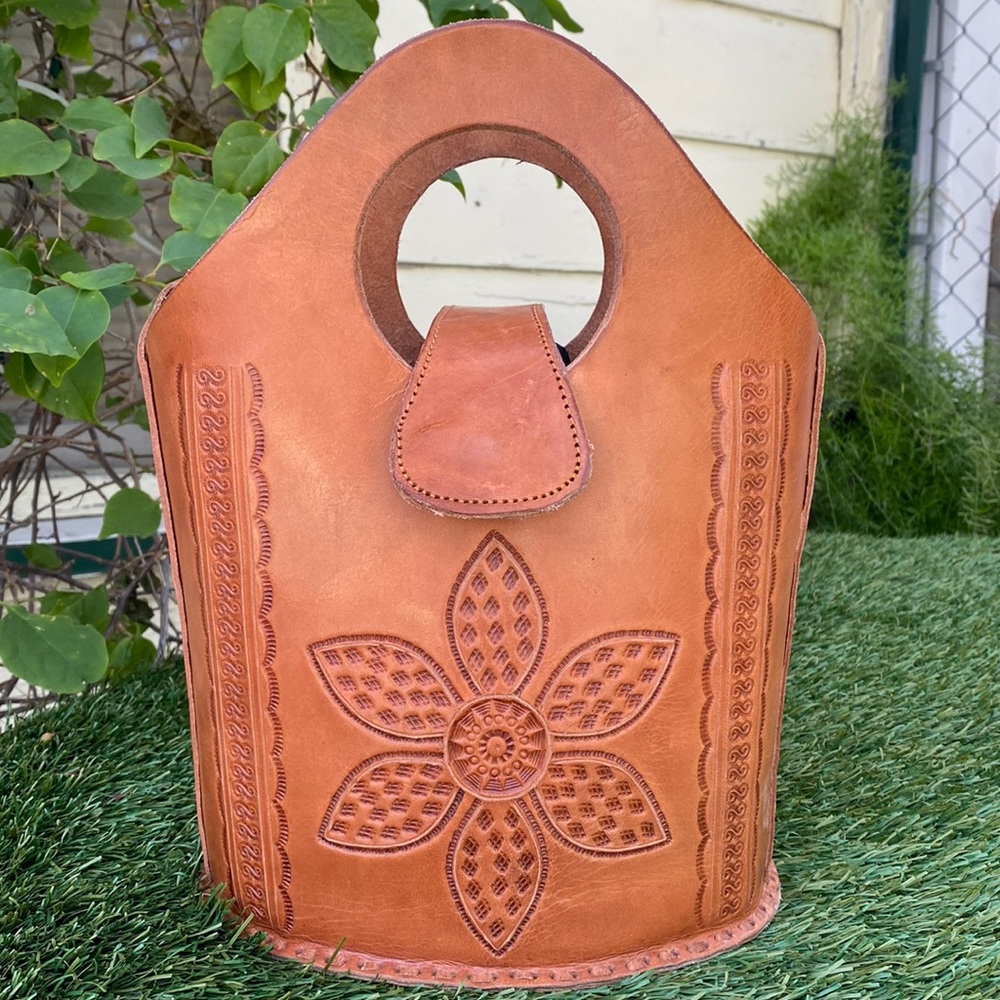 Handmade Tooled Flower Leather Bucket Bag